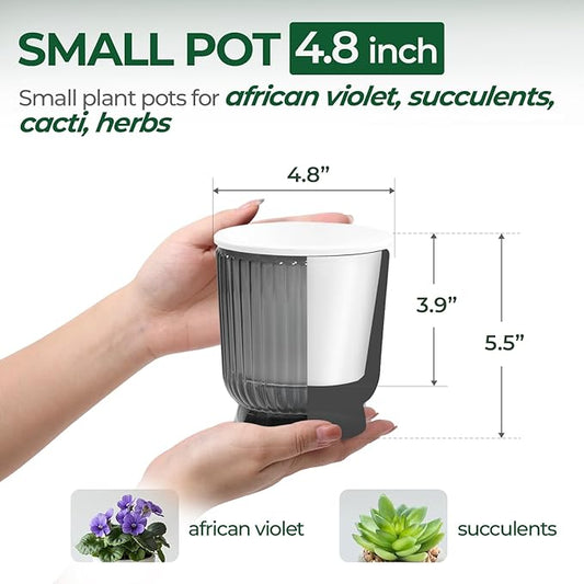 T4U 4.8 Inch Self Watering Plant Pot, 4 Pack Self Watering Pots, Self Watering Planter with Reservoir, Small Self Watering Pots for Indoor Plants, African Violets (4 Pack 4.8", Translucent Gray)