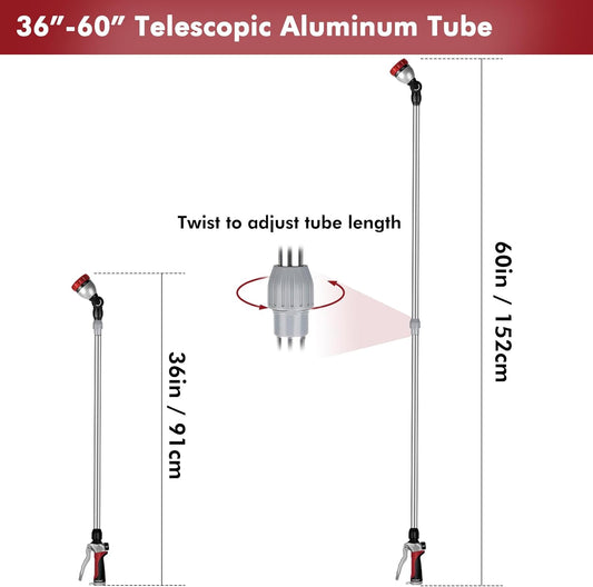 RESTMO Metal Watering Wand, 36”-60” Long Telescopic Tube | 180° Adjustable Ratcheting Head | 7 Spray Patterns | Flow Control, Perfect Garden Hose Sprayer to Water Hanging Baskets, Shrubs, Red