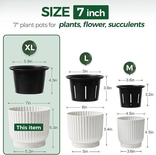 T4U 7 Inch Self Watering Pots for Indoor Plants, 4 Pack Plant Pots, Self Watering Planter for Indoor Plants, Durable Plastic Pots (4 Pack, 7", White)