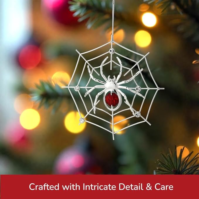 Matashi Silver Plated Christmas Tree Spider Ornament w Red, Clear Crystals Lucky Hanging Decoration, Holiday Ornament Gift, Unique Spider Decor for Christmas & Halloween Party w Tinsel Legend Story