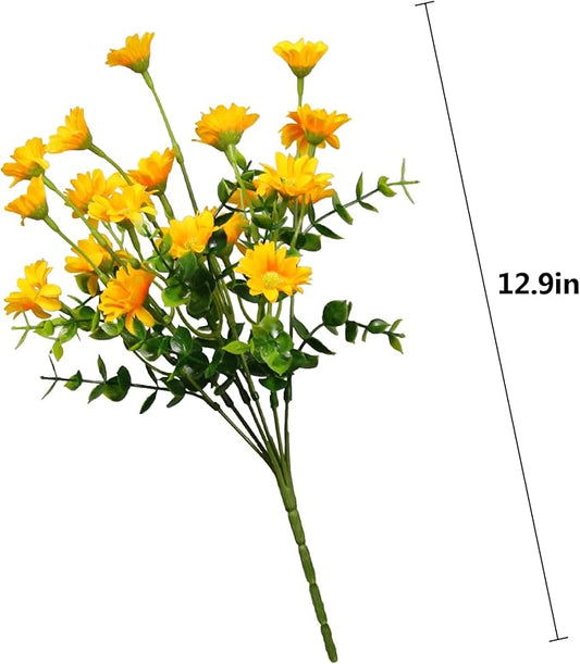 Yellow Artificial Outdoor Flowers Fake Mums 8 Bundles Flower Realistic Wild Flower Cemetery Daisy Stems Faux Plants for Outdoors Planter Front Porch Patio Decor