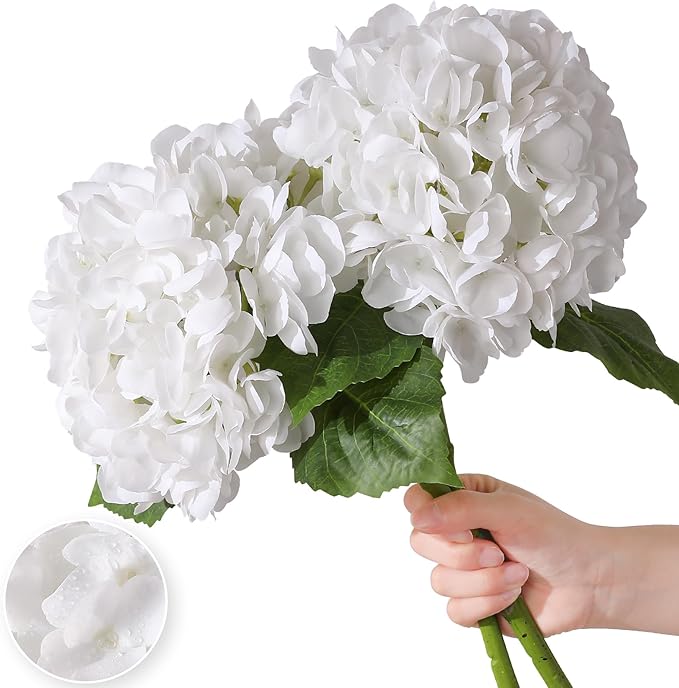 Nubry 22.44In White Hydrangea Artificial Flowers, 2Pcs Latex Faux Real Touch Large Hydrangea Flowers with Long Stems & Leaves for Home Office Decor Wedding Party Arrangements(White)