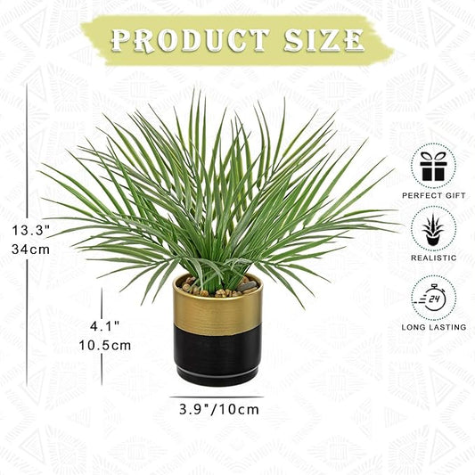 Hollyone Large Artificial Potted Plants Fake Palm Plants 13" Faux Tropical Palm Plant Tree in Gold and Black Metal Pots for Home Room Office House Indoor Decoration