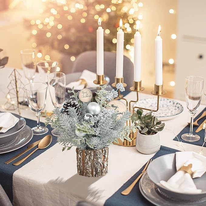 Super Holiday Small Winter Christmas Tree, Artificial Mini Tabletop Christmas Tree Decorations with Christmas Ornaments, for Home Party Thankgivings Christmas Decor, Silver/White-Indoor.