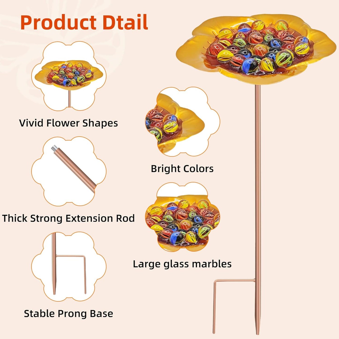 Bee Watering Station-Golden Butterfly Puddler Bee Bath & Feeder with Metal Stakes - 30 Glass Marbles, Vivid Flower Design, Garden Yard Decor (Golden-1PACK)