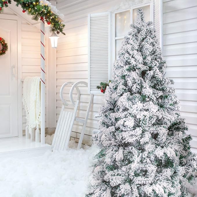 6Ft Snow Christmas Tree, Flocked Christmas Tree, White and Green Christmas Tree with 700 Tips, Solid Metal Legs for Indoor Outdoor 1.8m