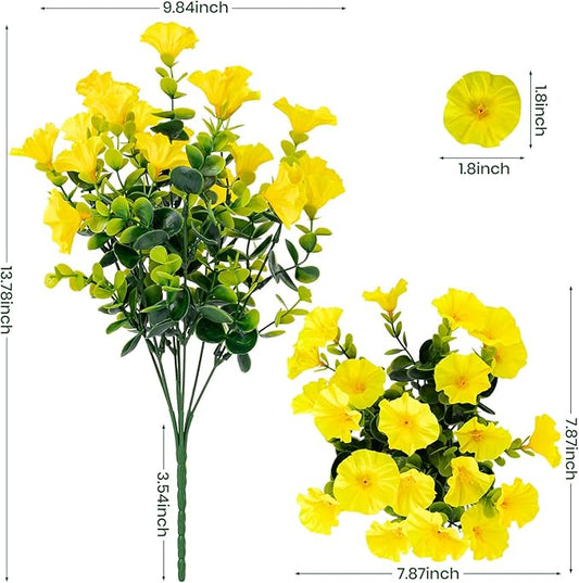 Artificial Faux Flowers for Outdoor 16 Bundles Boxwood Fake Morning Glory for Planter,UV Resistant Fake Flowers for Home Porch Patio Outside(Yellow)