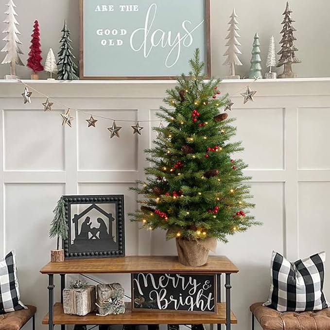 Somikis 3ft Pre-Lit Artificial Mini Christmas Tree with 70LED Lights and Realistic Nordic Spruce, Solid Cement Burlap Base Basin
