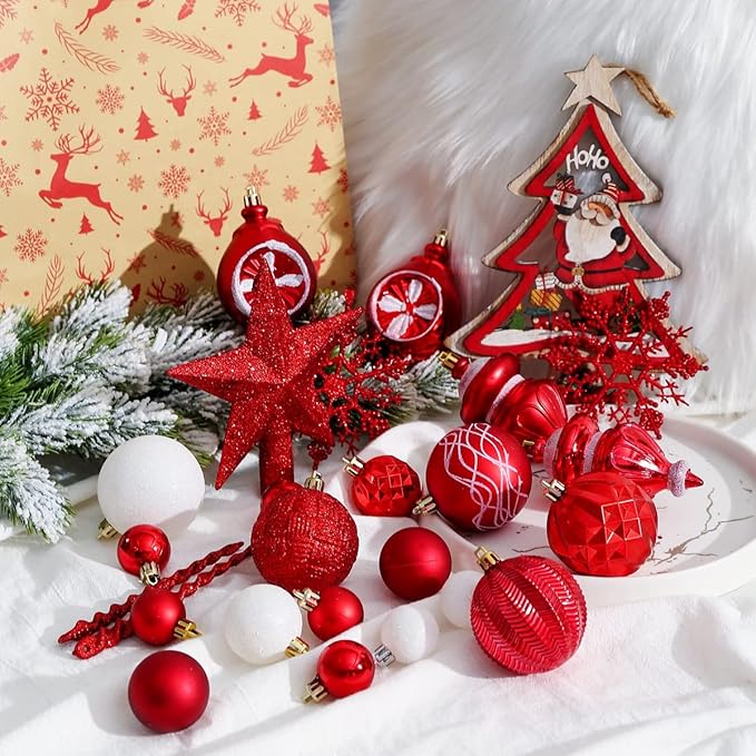 XmasExp 99-Pack Christmas Ball Ornaments Assorted Shatterproof Christmas Tree Decorations with Hand-held Gift Package for Xmas Tree,Home,Party (Red)
