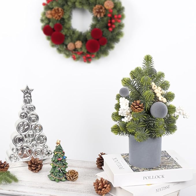 SY Super Bang Small Christmas Tree, 12Inch Artificial Grey Velvet Ball Berry Mini Tabletop Tree Christmas Decorations, for Home Party Thankgivings Xmas Indoor Decor.