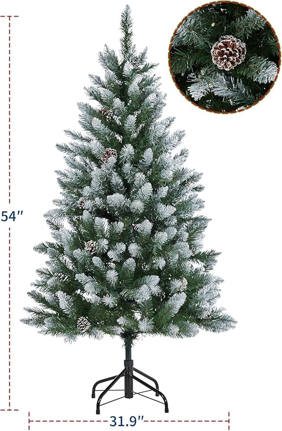 GAOMON 4.5 ft Pre-Lit Christmas Tree with Pine Cones & 150 LEDs & 352 Tips - Hinged Stand PVC Holiday Trees Decor for Home/Office/Party,White