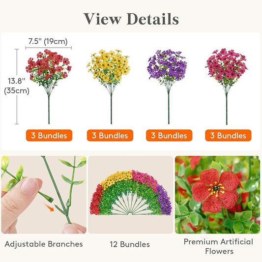 Lifewit Artificial Flowers for Outdoor Indoor, 12 Bundles Plastic Fake Flowers Daisy with Eucalyptus Leaves for Home Garden Decor, Porch, Window Box(Mix for Fuchsia Purple Yellow Red)