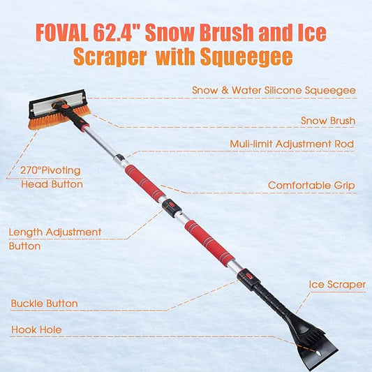 FOVAL 62.4" Extendable Ice Scraper Snow Brush with Squeegee for Windshield Window Car Trucks SUVs, 270° Pivoting Brush Head, Essential Winter Tool Ice Snow Remover with Comfortable Foam Grip