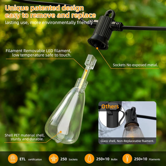 FOOMAN LED Outdoor String Lights, 500FT Outside Waterproof Hanging Patio Lights with 250+10 Shatterproof ST38 Edison Bulbs, 2700K Warm White, Dimmable Light for Back Yard Porch Party Gazebo Bistro