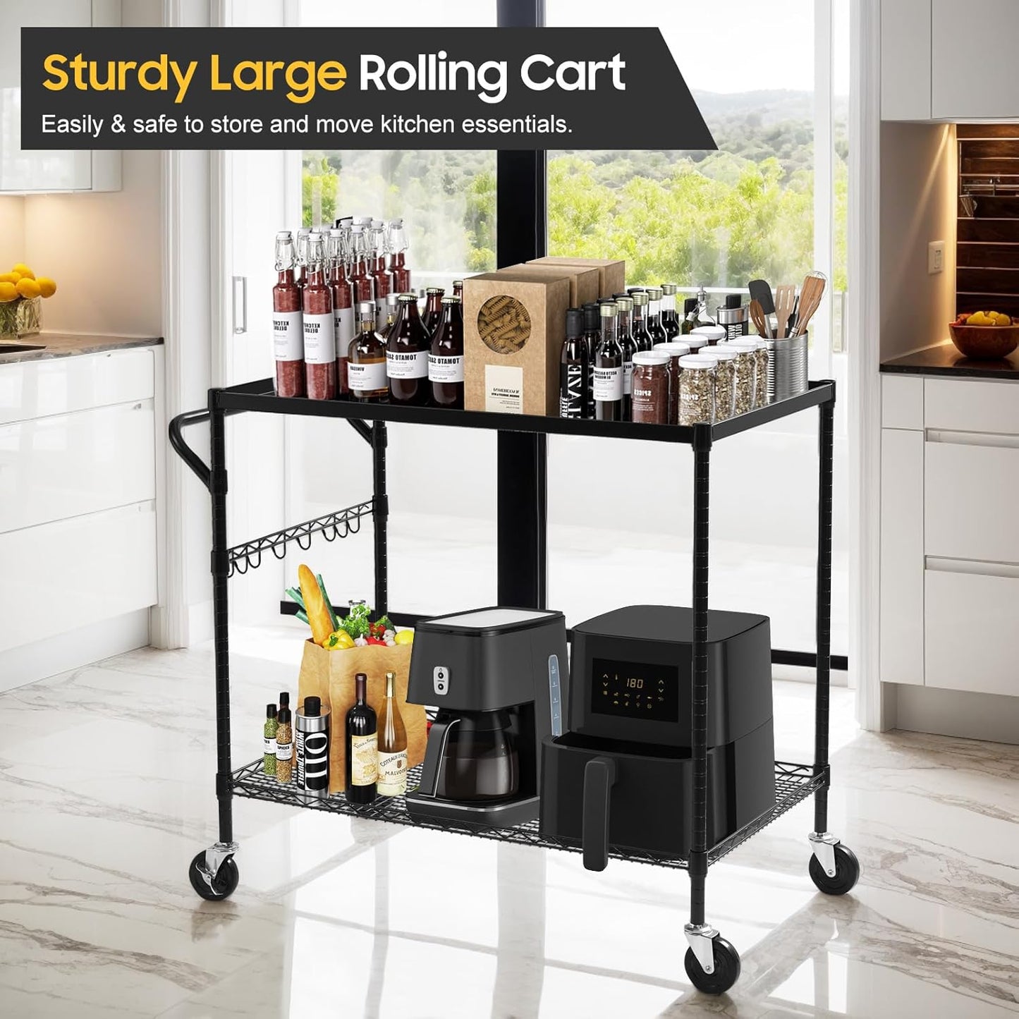 WDT 2-Tier Utility Cart with Wheels, Metal Cart with 1000LBS Capacity, NSF Heavy Duty Rolling Cart, Commercial Grade Serving Tool Storage Carts for Warehouse Garage Kitchen, 24"D x 45"W x 39"H, Black