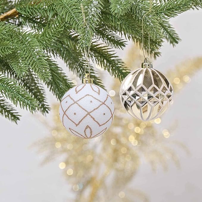 Christmas Ball Ornaments Set, 20ct 60mm Elegant White and Gold Assorted Christmas Tree Decorations, Shatterproof Christmas Tree Hanging Ornaments for Xmas Decoration