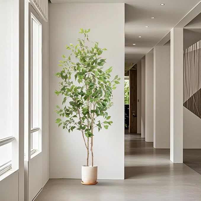 Artificial Fake Ficus Tree 7FT Tall 1Pack with White Planter & Free Moss, Artificial Plants Indoor, Artificial Trees for Home Decor Indoor, Faux Ficus Tree