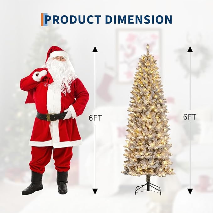GarveeHome 6 ft Pencil Christmas Tree, Pre-Lit Frosted Artificial Tree, Skinny Xmas Trees Holiday Decoration, with LED Light and Metal Base