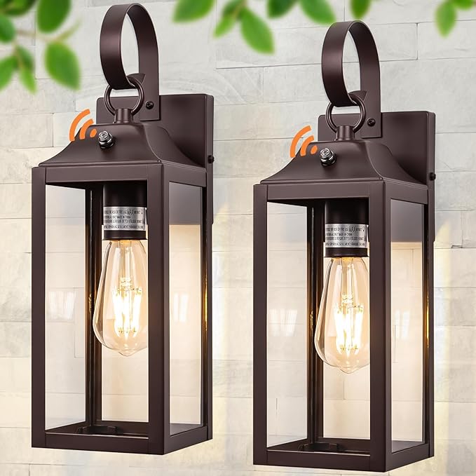 Dusk to Dawn Wall Lights 2 Pack, Oil Rubbed Bronze Outdoor Light Fixtures Wall Mount, 15 Inch Exterior Wall Sconces Waterproof, Large Outside Lights for House, Modern Wall Lanterns Brown