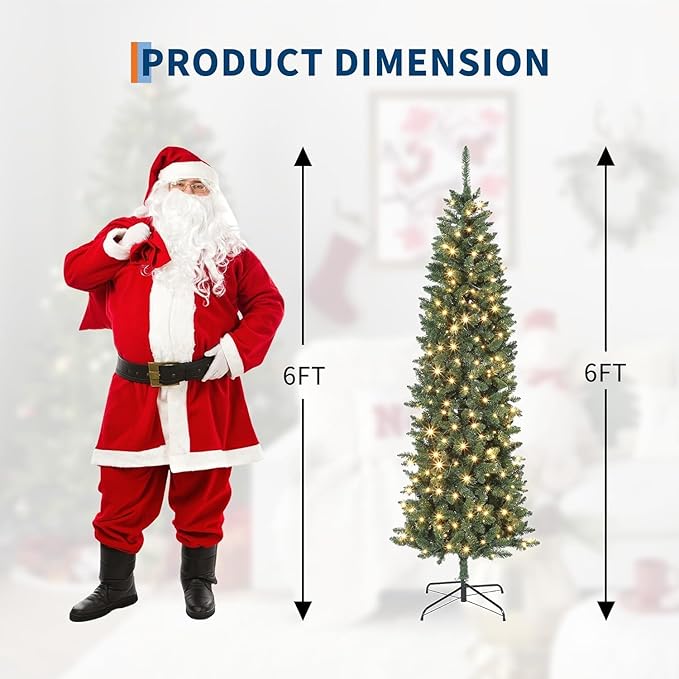 GarveeHome 6 ft Pencil Christmas Tree,Artificial Pre-Lit Christmas Tree,Realistic Xmas Tree Artificial Holiday Decoration for Indoor and Outdoor Use
