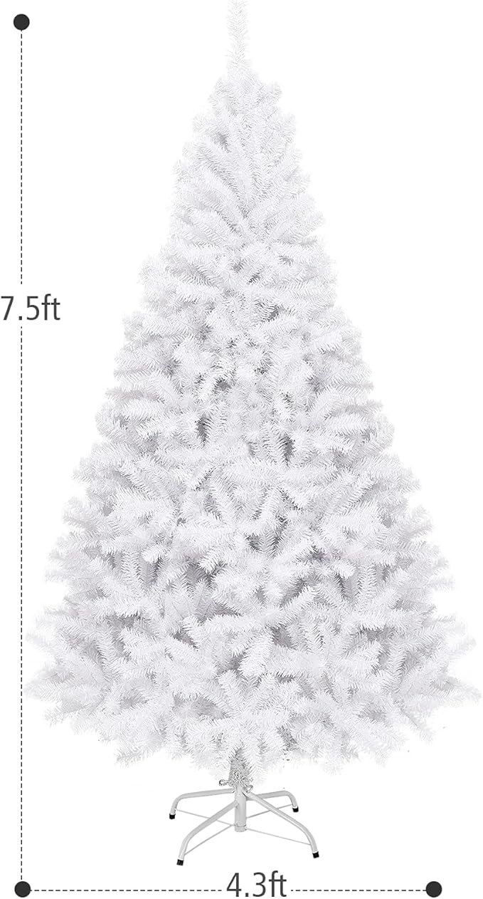 HAPPYGRILL 7.5 Feet White Artificial Christmas Tree with 1346 PVC Branch Tips Unlit Hinged Xmas Pine Tree with Sturdy Metal Base, Artificial Pine Tree for Indoor Outdoor Decor