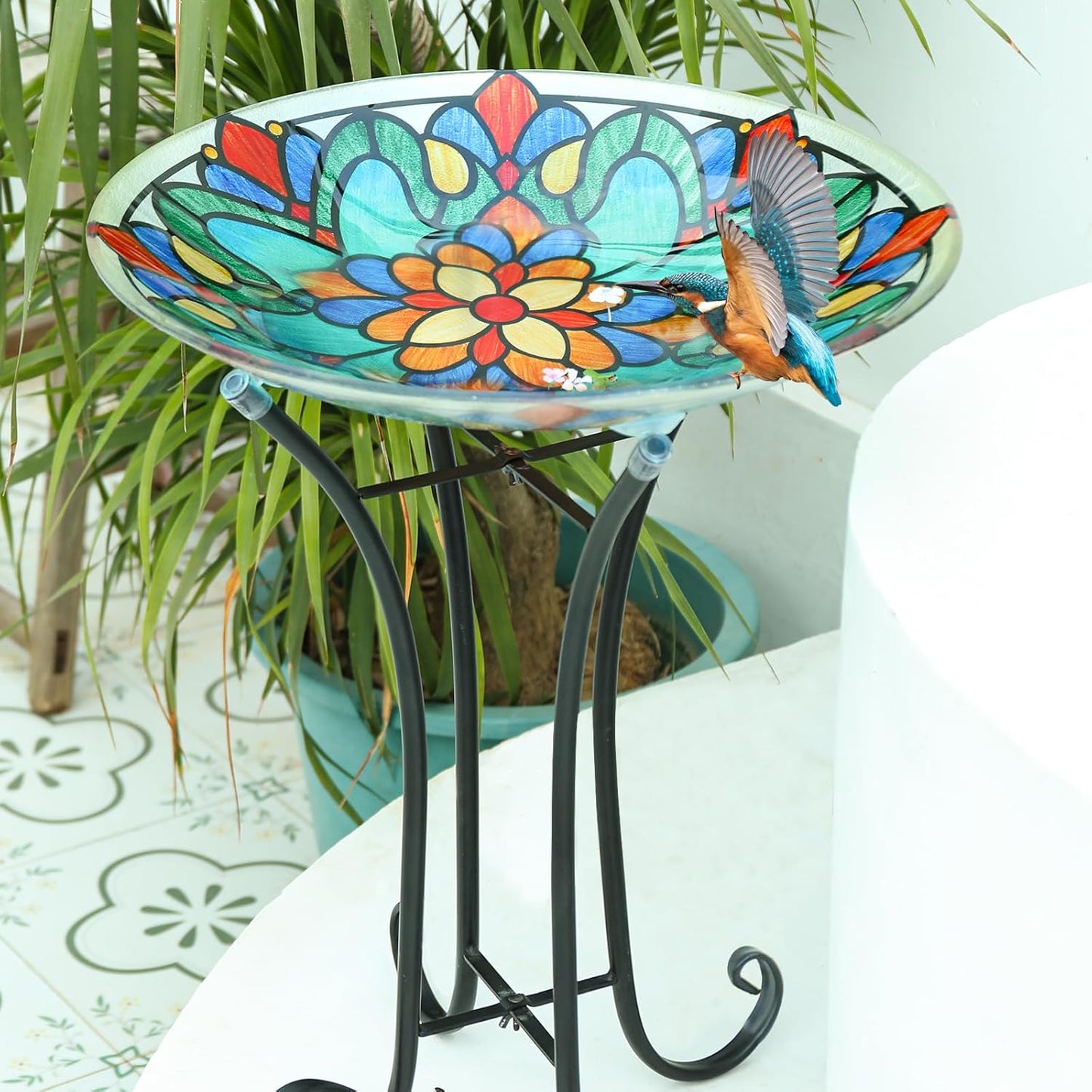 MUMTOP Bird Bath-Bird Baths for Outdoors - Glass Large Bird Bath Bowl with Metal Stand, Symmetrical Patterns Bird Feeders for Outside and Garden, Patio,Lawn Decor