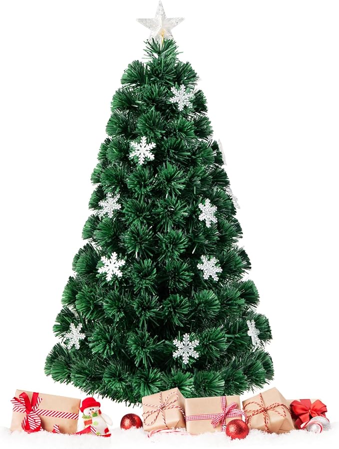 Goplus 4ft Pre-Lit Fiber Optic Christmas Tree, Artificial Xmas Full Tree with Colorful Snowflake LED Lights, 125 Branch Tips, Foldable Metal Base, for Office Home Holiday Decor