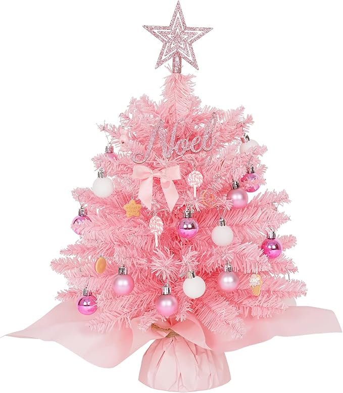 Wangchao Craft 20" Mini Pink Christmas Tree Table Top Artificial Xmas Tree Small Christmas Tree with Lights, Star Treetop and Balls, Tabletop for Girls Rooms