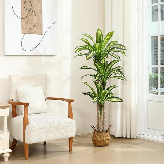 Artificial Plants, 5 Ft Dracaena Tree Faux Plants Indoor Outdoor Decor Fake Tree with Woven Seagrass Basket Plants for Home Decor Office Living Room Porch Patio Housewarming