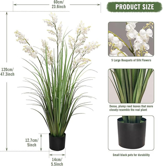 Artificial Tall Grass Plants with Pots 47“ 1 Pack Lily of The Valley Artificial Grass Home Interior Decorating and Outdoor Garden Decorations(White)