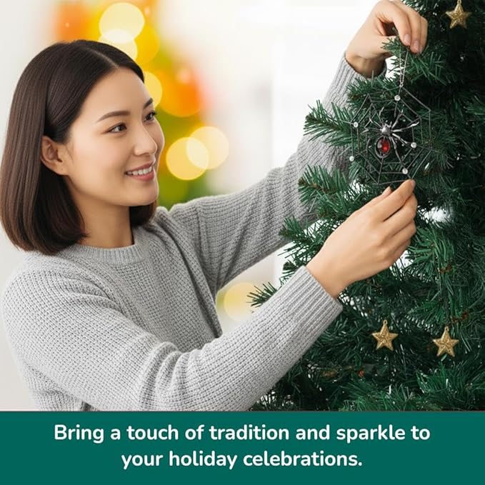 Matashi Silver Plated Christmas Tree Spider Ornament w Red, Green Crystals Lucky Hanging Decoration, Holiday Ornament Gift, Unique Spider Decor for Christmas & Halloween Party w Tinsel Legend Story