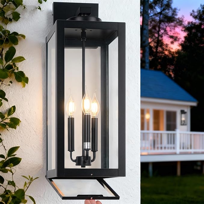 24" Extra Large Fully Enclosed Outdoor Light Fixture 3-Light, Black Outdoor Porch Lantern Wall Mounted, Waterproof Modern Outside Wall Sconce Coach Lamp for House, E12, 2 Packs