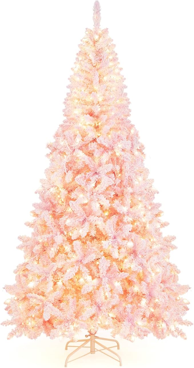 HAPPYGRILL 7.5FT Pre-Lit Pink Christmas Tree Snow Flocked Christmas Tree with 1100 Branch Tips, 450 Warm Lights, 8 Lighting Modes, Artificial Xmas Tree for Holiday Decor
