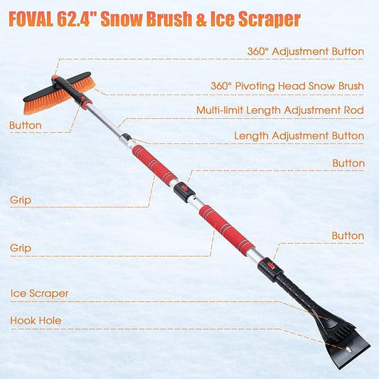 FOVAL 62.4" Snow Brush - Ice Scrapers for Car Windshield, 360°Pivoting Brush Head, Comfortable Foam Grip, Extendable Snow Removal Car Brush for Trucks SUVs, Essential Winter Tool