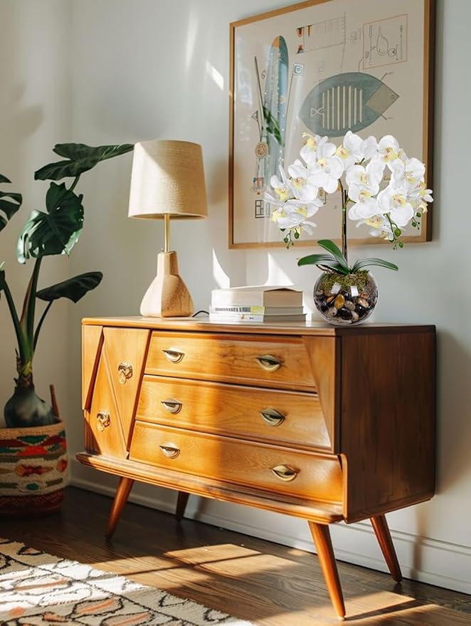 White Orchids Artificial Flowers 16.5" Faux Orchids Plant in Pot Fake Flower Arrangements with Glass Vases White Centerpieces for Kitchen Dining Room Tables Bathroom Nightstand Shelf Desk Decor