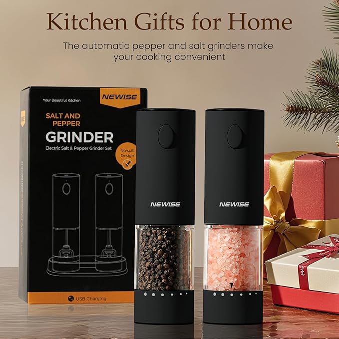Electric Salt & Pepper Grinder Set, Rechargeable with LED Light & External Coarseness Adjustment, One-Hand Operation, Perfect Kitchen Gift for Home Cooks & Families - Black