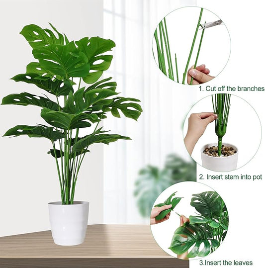 SAJANDAS Set of 2 Artificial Monstera Deliciosa Plants in Pots, Fake Tropical Palm Tree with Greenery Leaves Stems, 28 Inch Artificial Cheese Plant for Home Bathroom, Office, Windowsill Decor