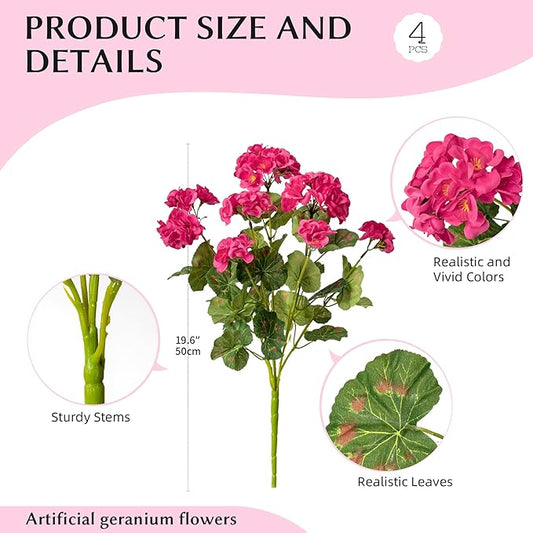 Artificial Geranium Flowers for Outdoors Geraniums Artificial Flowers Realistic Faux Geraniums for Outdoor Planters Silk Geranium Outdoor Fake Flowers Porch Home Kitchen Garden Decor(4PCS,Rose Red)
