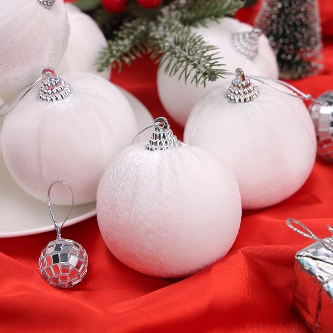 Woration 9pcs Christmas Tree Ornaments Velvet Balls Shatterproof 2.36inches White Flocked Balls Hanging Xmas Trees Decorations for Wreath Holiday Party