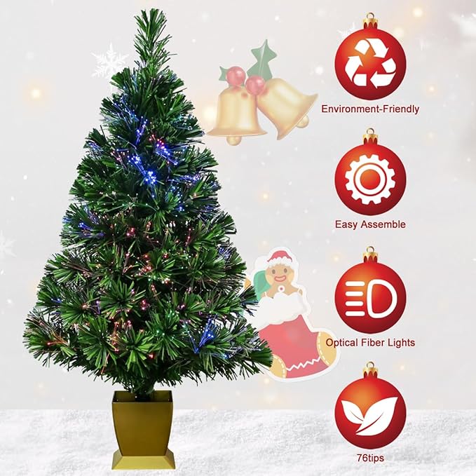 32inch Pre Lit Fiber Optic Christmas Tree,Small Christmas Tree with Lights,Mini Tabletop Christmas Trees,Starry Sky Xmas Tree for Home,Office,Party Decoration,Indoor,Outdoor(Green)
