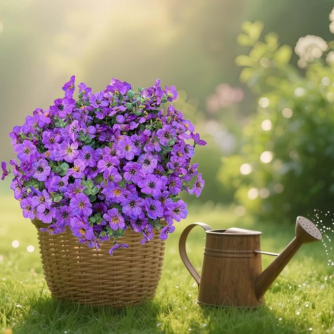 Artificial Flowers Outdoor UV Resistant Fake Plants, 12 Bundles Silk Daisy in Pots for Porch Patio Garden, Faux Potted Home Decor for Outside (Purple)