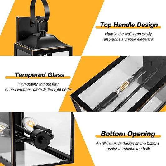 19" Large Outdoor Wall Light - Black Outside Wall Mounted Light Fixture with Gold Trim, Exterior Farmhouse Wall Sconce Lantern, Modern Porch Lighting Exterior Lamp for House 2-Light