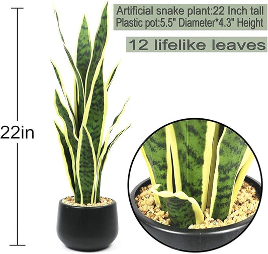 Beebel Artificial Snake Plant 22" Fake Sansevieria Potted Plants Plastic Greenery Perfect Faux Agave Plant for Home Garden Office Store Decoration