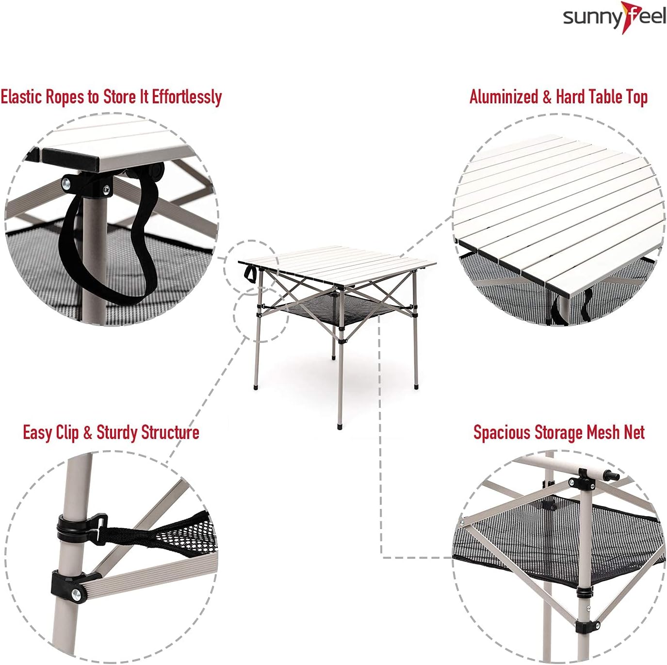 SUNNYFEEL Outdoor Folding Table | Lightweight Compact Aluminum Camping Table, Roll Up Top 4 People Portable Camp Square Tables with Carry Bag for Picnic/Cooking/Beach/Travel/BBQ