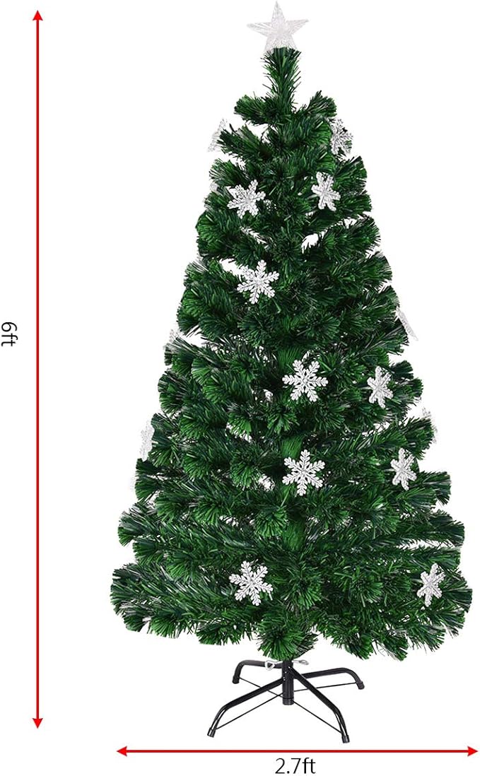 Happygrill 6FT Pre-lit Christmas Tree Fiber Optic Artificial Xmas Tree for Home Holiday Décor, Snowflakes, UL-Certified Electronic Transformer, Christmas Tree with Metal Stand
