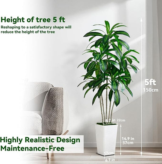 Artificial Dracaena Tree-5FT Tall Fake Plants with White Tall Planter-Artificial Plants Indoor Floor Plant in Pot-Large Tropical Fake Yucca Potted Tree for Home Office Living Room Decor