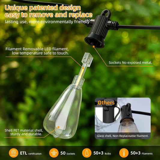 FOOMAN LED Outdoor String Lights, 100FT Outside Waterproof Patio Lights with 50+3 Shatterproof ST38 Edison Bulbs, 2700K Warm White Hanging Light, Dimmable Light for Back Yard Porch Party Gezebo