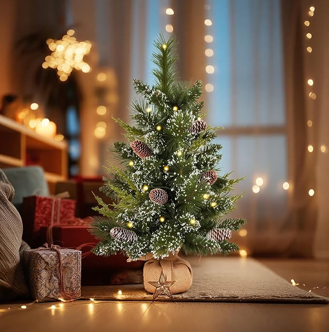 deeinglif 2ft Mini Christmas Trees 24" with LED Lights and Pine,Tabletop Branches Cones and Cloth Bag Base Home Party Dining Room Window Decoration for Christmas