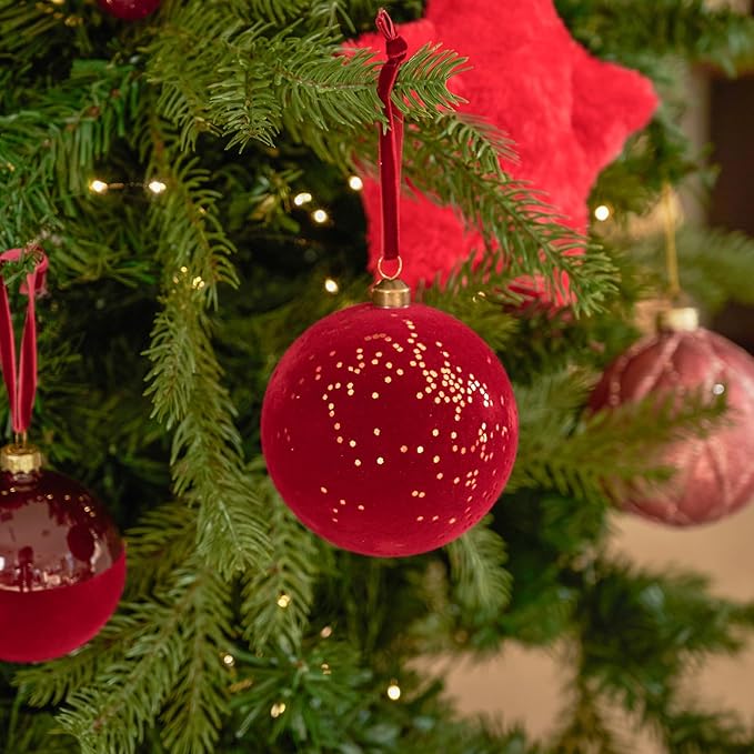 DN DECONATION 4PCS Christmas Ball Ornaments, Shatterproof Red Balls Ornaments for Christmas Tree, 4” Velvet Plastic Decorations with Ribbons, Farmhouse Holiday Decor Xmas Gifts Winter