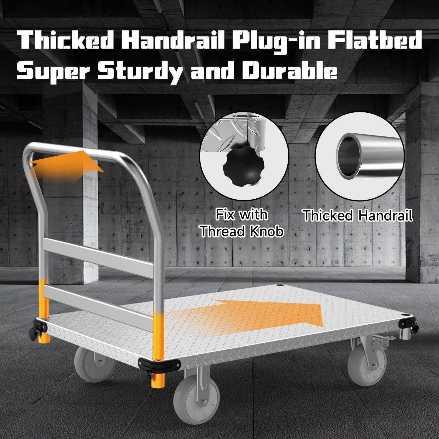 Platform Truck 3000LBS Capacity Industrial Flatbed Cart with 2 Detachable Handels, 44" x 28" Push Dolly with 6" Rubber Swivel Wheels, Heavy Duty Flat Cart Hand Truck for Industrial and Commercial